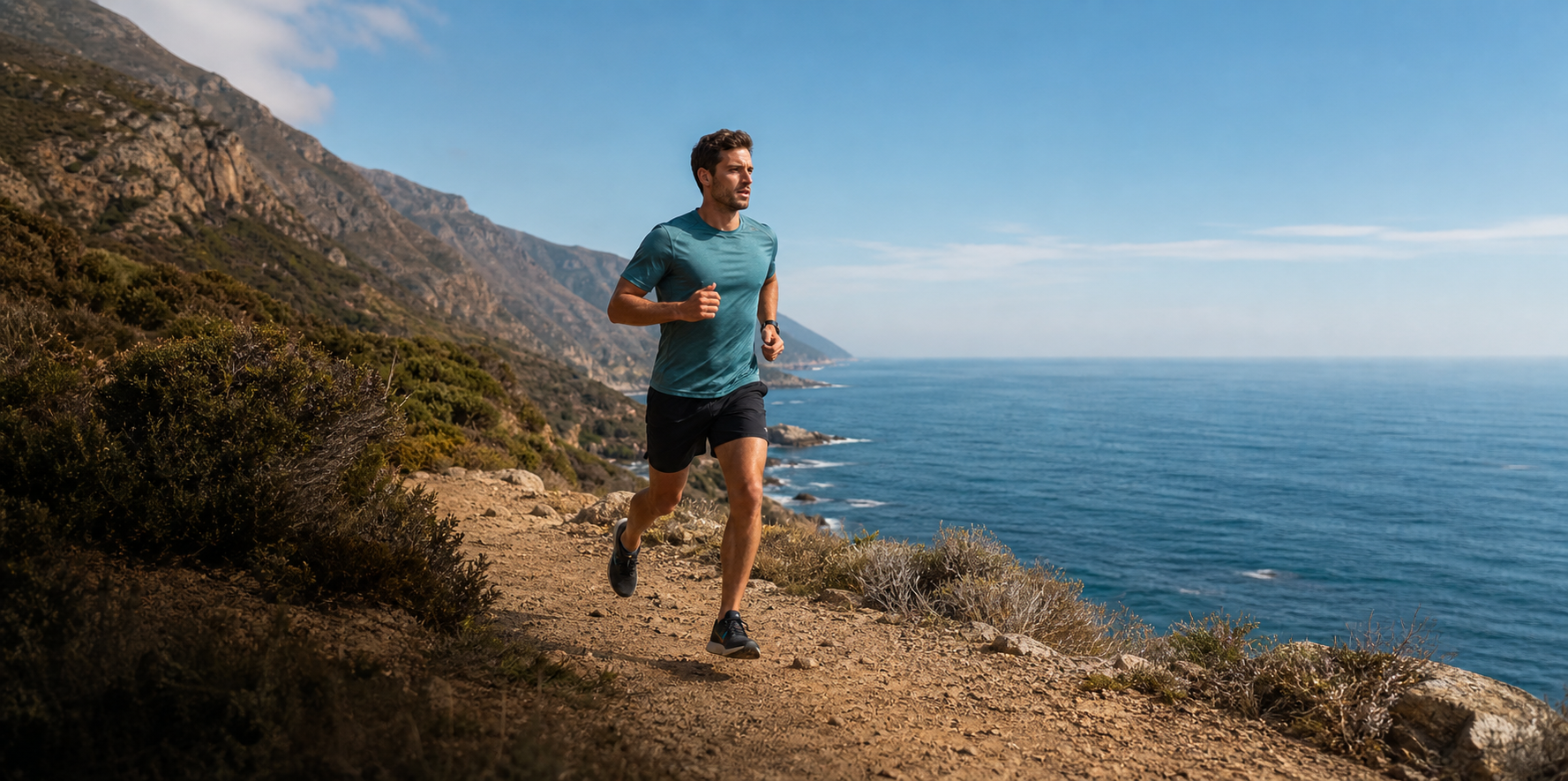 Runner outdoors beside a coastal path